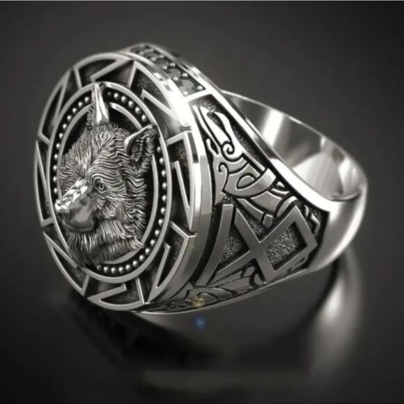 Unisex Silver Wolf Ring Sz 7 - Picture 3 of 5